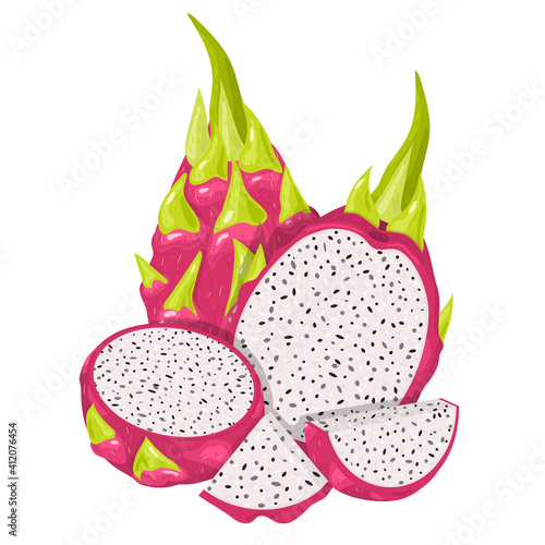 Set of fresh whole, half, cut slice red pitaya fruits isolated on white background. Summer fruits for healthy lifestyle. Organic fruit. Cartoon style. Vector illustration for any design.