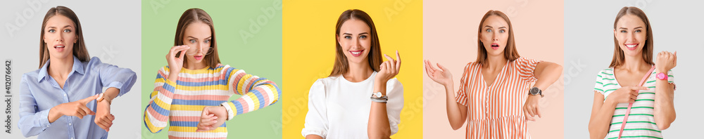Collage of young women with wristwatches on color background Collage of young women with wristwatches on color background