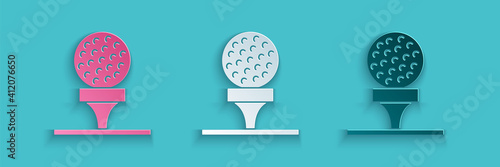 Paper cut Golf ball on tee icon isolated on blue background. Paper art style. Vector.