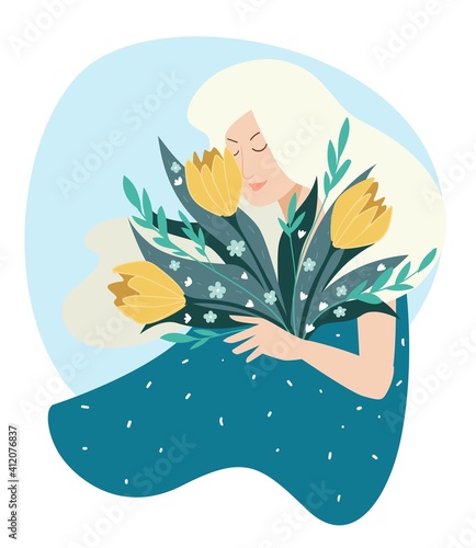 Elegant and tender female character with bouquet