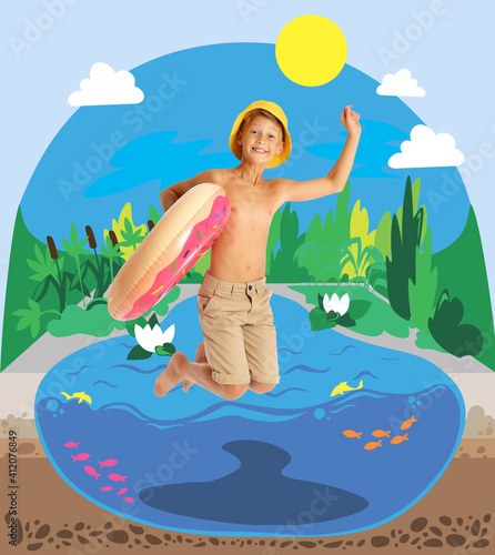 Little boy with inflatable ring jumping into drawn lake on summer day