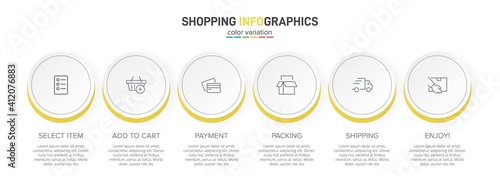 Concept of shopping process with 6 successive steps. Six colorful graphic elements. Timeline design for brochure, presentation, web site. Infographic design layout.