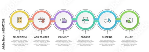 Concept of shopping process with 6 successive steps. Six colorful graphic elements. Timeline design for brochure, presentation, web site. Infographic design layout.