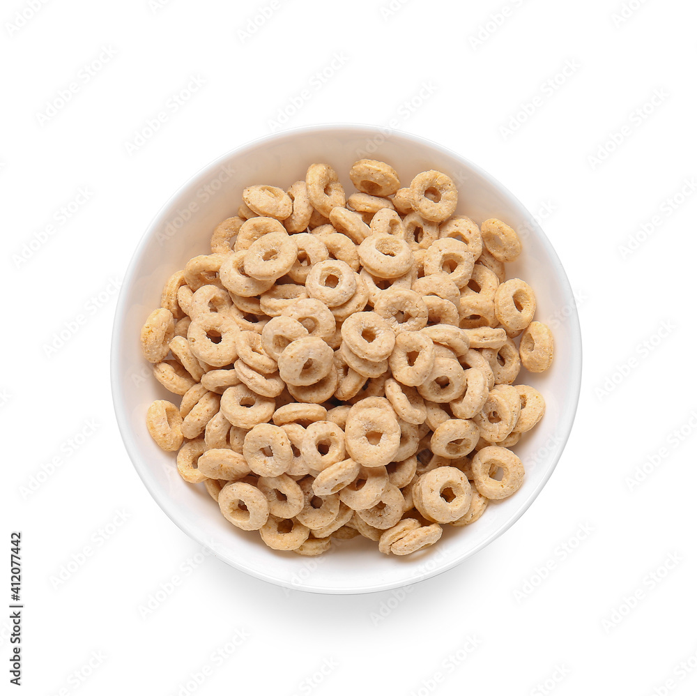 Tasty breakfast cereals in bowl on white background Tasty breakfast cereals in bowl on white background