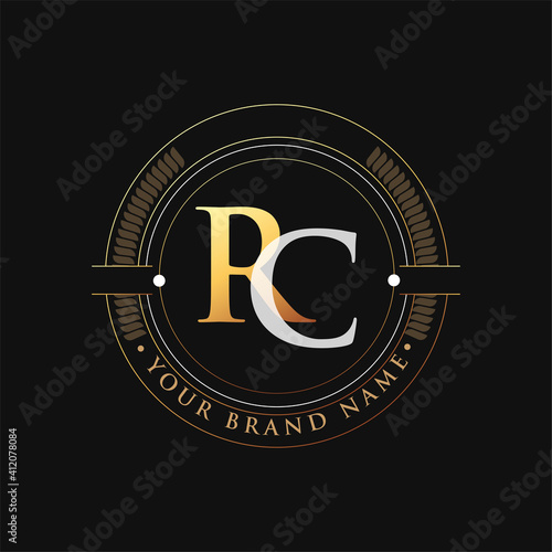 initial letter logo RC gold and white color, with stamp and circle object, Vector logo design template elements for your business or company identity.