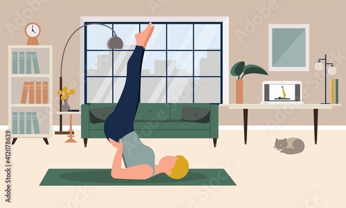 Stay home concept. Girl practicing yoga in living room with online classes. Online yoga clases, healthy lifestyle, live stream, internet education. Vector illustration in flat style.