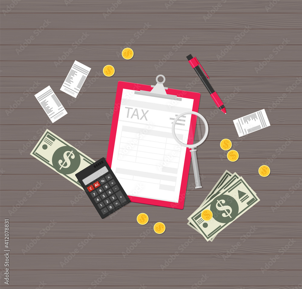 Auditor work desk, accounting paperwork, business research, financial audit, auditing tax process, report data analysis, analytics, financial research report, project desktop vector, color background Auditor work desk, accounting paperwork, business research, financial audit, auditing tax process, report data analysis, analytics, financial research report, project desktop vector, color background