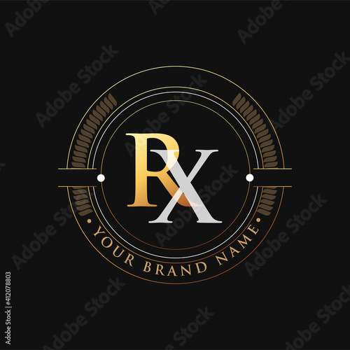 initial letter logo RX gold and white color, with stamp and circle object, Vector logo design template elements for your business or company identity.