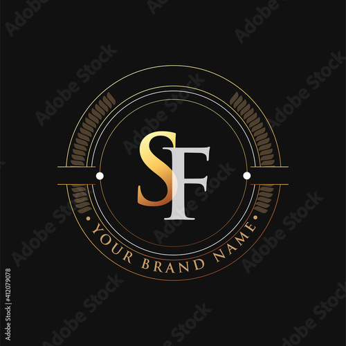 initial letter logo SF gold and white color, with stamp and circle object, Vector logo design template elements for your business or company identity.