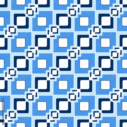Vibrant geometric seamless interlocking squares print in blue colors.