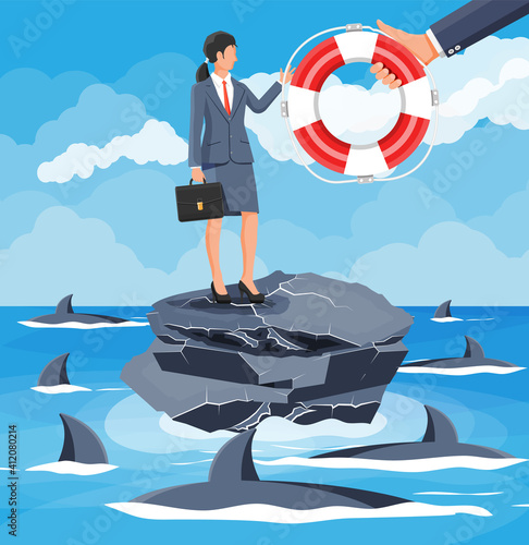 Businesswoman on tiny island in sea surrounded by sharks getting lifebuoy. Helping business to survive. Help, support, survival, investment, obstacle crisis. Risk management. Flat vector illustration