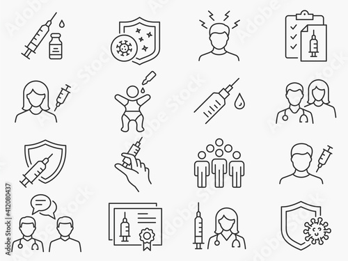 Vaccine icon set. Collection of syringe, coronavirus, covid 19 and more. Vector illustration. Editable Stroke.