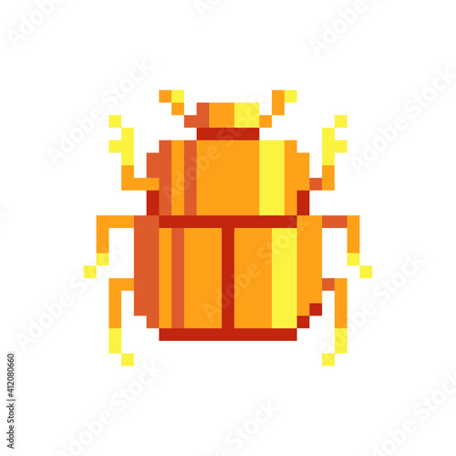 Golden egyptian scarab beetle.  Bug pixel art icon flat style. 8-bit. Sticker design. Isolated vector illustration.