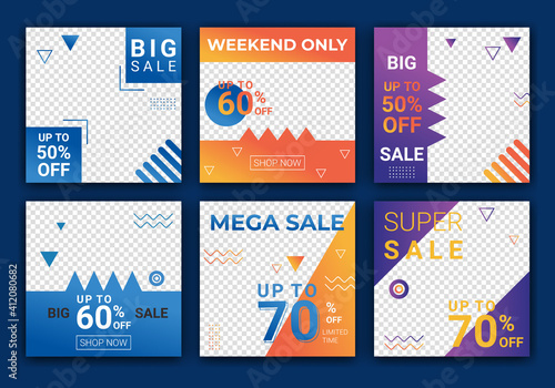 Set of editable square banner template design for fashion sale post on ig. Web banner ads for promotion design with blue, orange and purple color. Sale banner adversiter template. Vector illustration photo