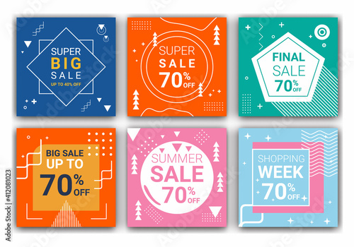 6 square layout templates for ig feed post, mobile apps or banner design. Promotional web banner for fashion sale social media. Elegant sale and discount promo. Vector illustration.