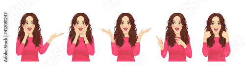 Surprised shocked beatiful woman with different gestures and open mouth isolated vector illustration