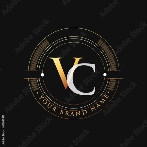 initial letter logo VC gold and white color, with stamp and circle object, Vector logo design template elements for your business or company identity.