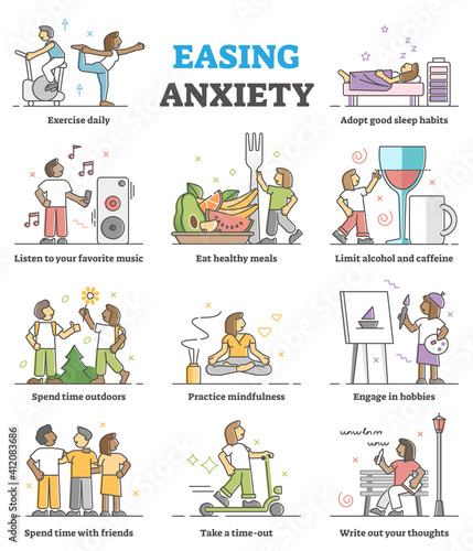Easing anxiety or depression with healthy lifestyle or habits outline concept