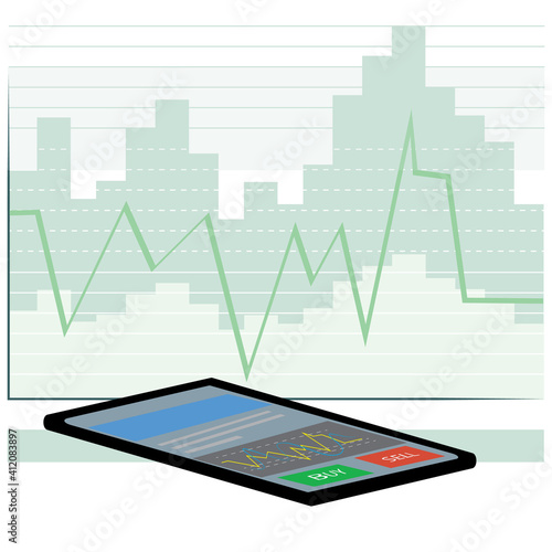 Exchange trading in a mobile application concept, stock market charts background, flat design, vector illustration.