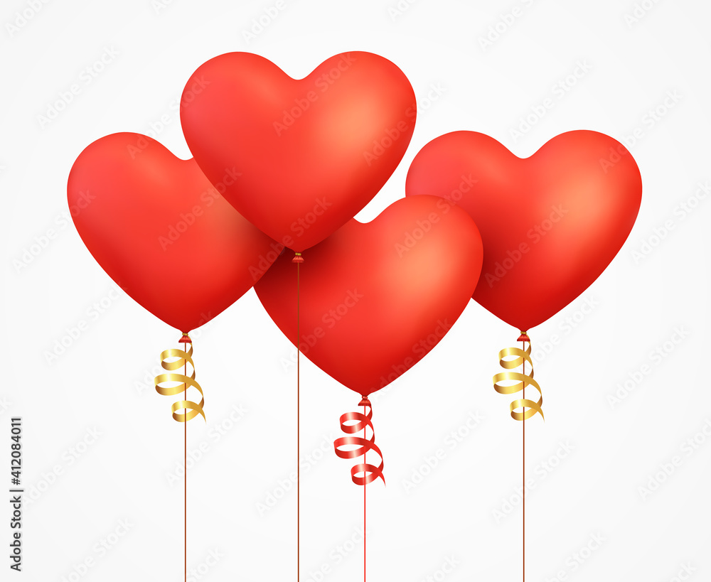 Realistic 3d red balloons heart with ribbon