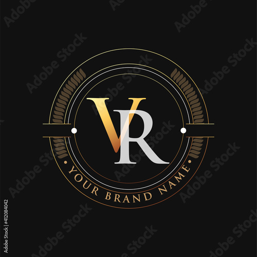 initial letter logo VR gold and white color, with stamp and circle object, Vector logo design template elements for your business or company identity.