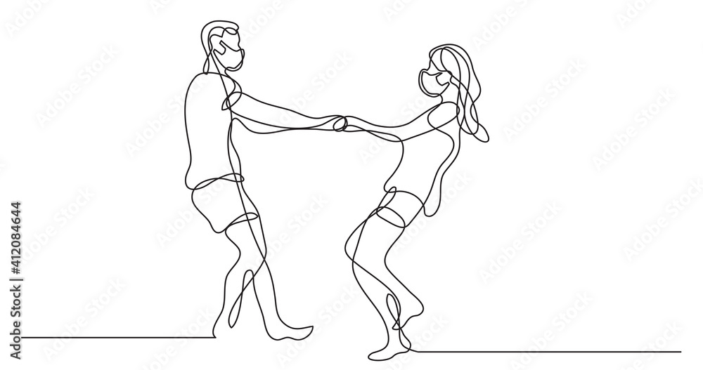 continuous line drawing of loving couple wearing face masks having fun continuous line drawing of loving couple wearing face masks having fun