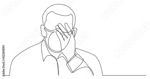 continuous line drawing of man in deep depression wearing face mask