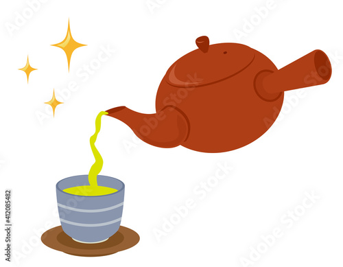 お茶の入った急須と湯のみのベクターイラスト