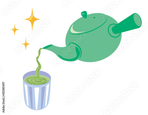 お茶の入った急須と湯のみのベクターイラスト