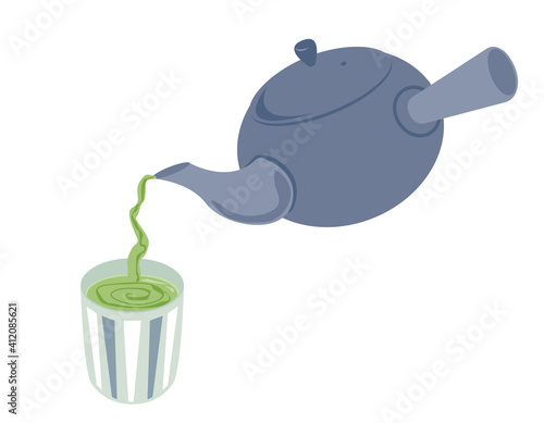お茶の入った急須と湯のみのベクターイラスト