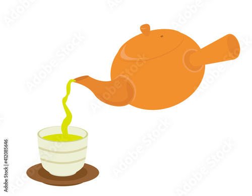 お茶の入った急須と湯のみのベクターイラスト