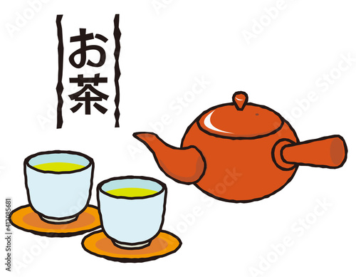 お茶の入った急須と湯のみのベクターイラスト