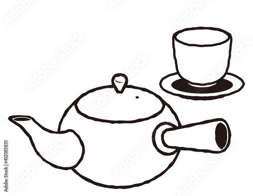 お茶の入った急須と湯のみのベクターイラスト