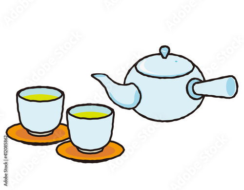 お茶の入った急須と湯のみのベクターイラスト