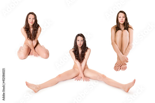 Three poses of an attractive brunette woman, her private parts are not visible, isolated in front of white studio background