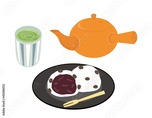お茶の入った急須と湯のみのベクターイラスト　大福餅　