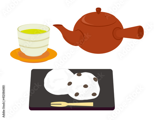 お茶の入った急須と湯のみのベクターイラスト　大福餅　