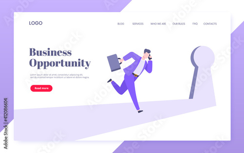 Business key opportunity concept with keyhole and ambitious woman running to career potential website landing page flat style vector illustration. New way business beginnings and unlock future.