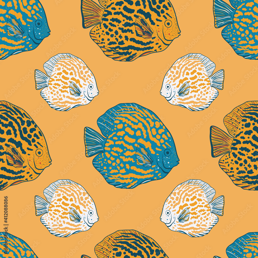 Vector hand drawn angelfish seamless pattern print background. Vector hand drawn angelfish seamless pattern print background.