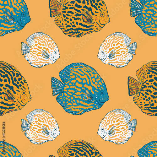 Vector hand drawn angelfish seamless pattern print background.