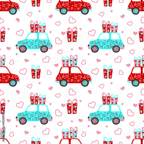 Valentines day vector seamless pattern. Cartoon car with gifts and hearts seamless texture. Textiles, wrapping paper, wallpaper design, packaging.