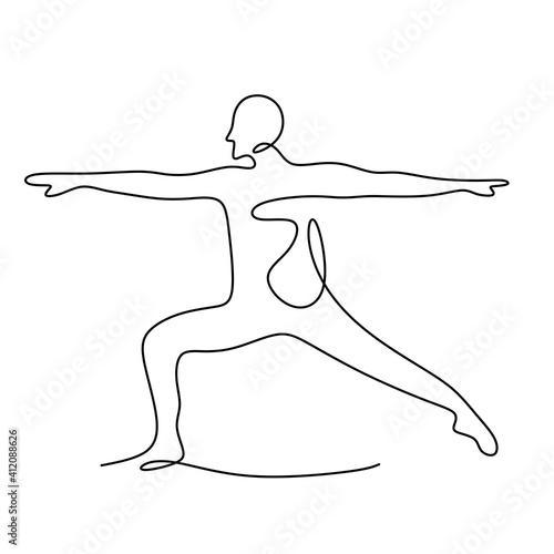 Woman doing yoga pose. Continuous one line drawing of energetic girl practice Virabhadrasana yoga exercise pose. Character female in warrior pose isolated on white background. Vector illustration