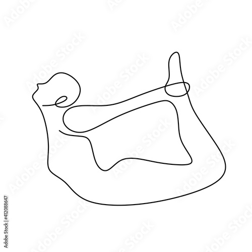 Continuous one line drawing of human practice yoga exercise. Professional young beautiful female doing Dhanurasana yoga pose isolated on white background. International Day of Yoga theme.