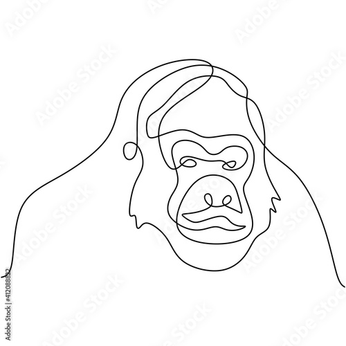 One continuous line drawing of gorilla for national park logo identity. A big monkey primate animal minimalist style on white background. Wild animal mascot concept for conservation forest icon.