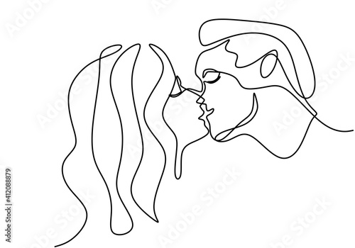 Continuous one line drawing of want to kiss each other. Young romantic couple falling in love and shows their emotions. Good for Valentine banner. Vector illustration minimalism style.