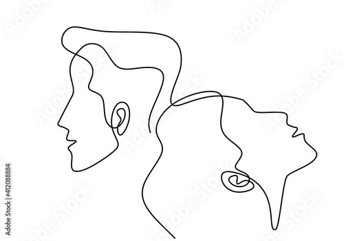 Continuous one line drawing of man and woman heads on white background. Young couple in lean on each other. Happy Valentine Day. Minimalistic style romantic graphic design. Vector illustration