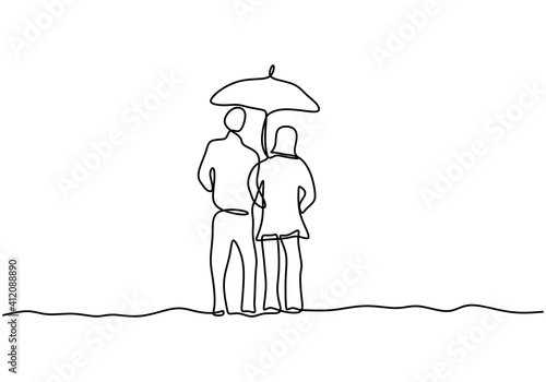 Continuous line drawing of couple in love under umbrella. A man and woman under the umbrella together from the rain under them. The concept of romantic moment of rainy. Vector for Valentine's Day