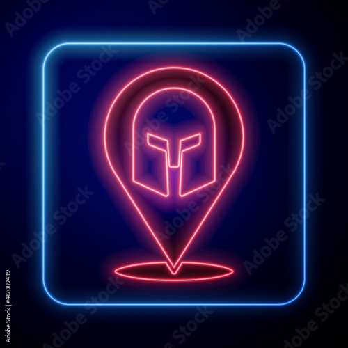 Glowing neon Greek helmet icon isolated on black background. Antiques helmet for head protection soldiers with a crest of feathers or horsehair. Vector.