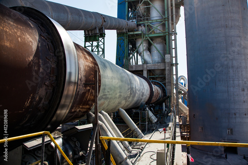 Jambyl Cement plant gas furnace (rotary clinker kiln). Сement production plant. Mynaral, Kazakhstan.