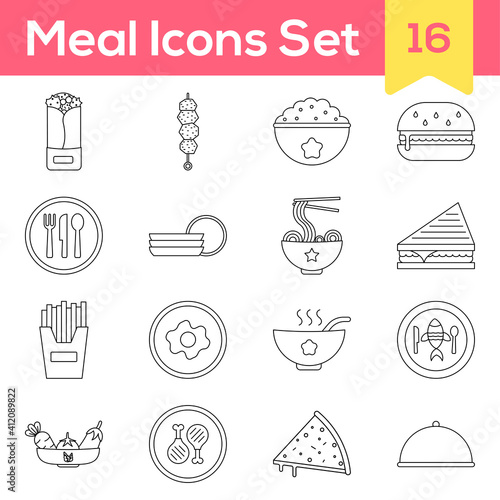 Black Line Art Illustration Of Meal Icon Set On White Background.